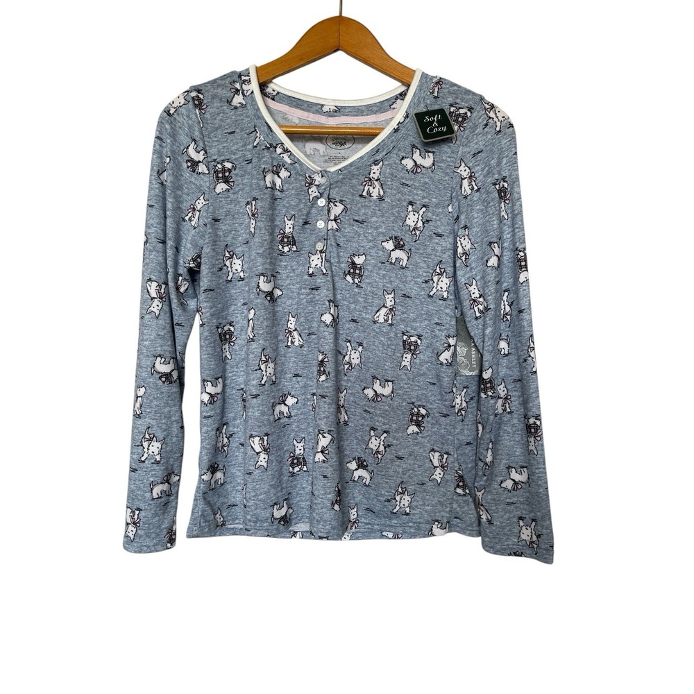 Laura Ashley Pajama Top Womens L Blue Scottie Dog Print Henley Long Sleeve New